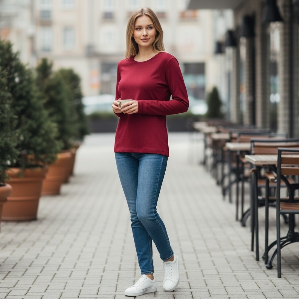 Darong Womens Long Sleeve Thermal Top Burgundy Fleece Lined Base Layer Slim Fit
